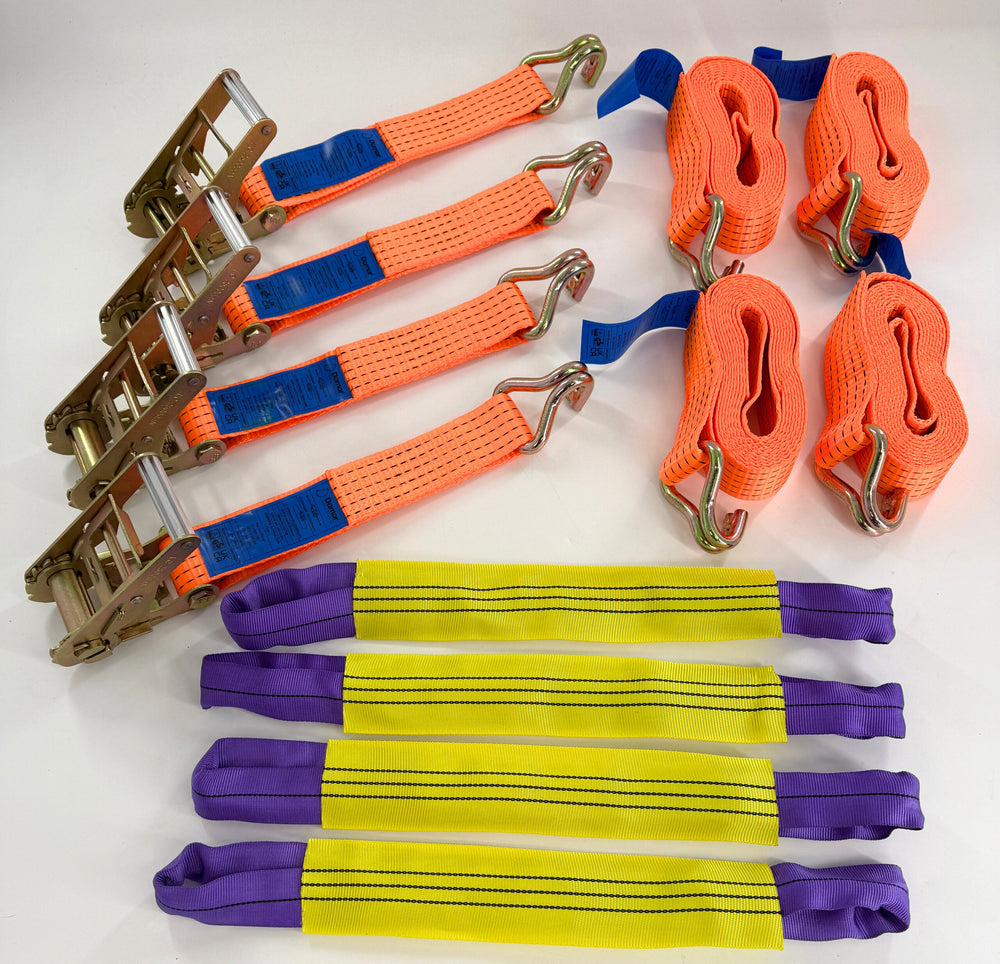 Vehicle Transporter Recovery Straps With Soft links x 4 Orange - Slingsandstraps.co.uk