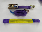 Purple webbed lifting strap with metal hooks and a ratchet buckle, shown on a white background.