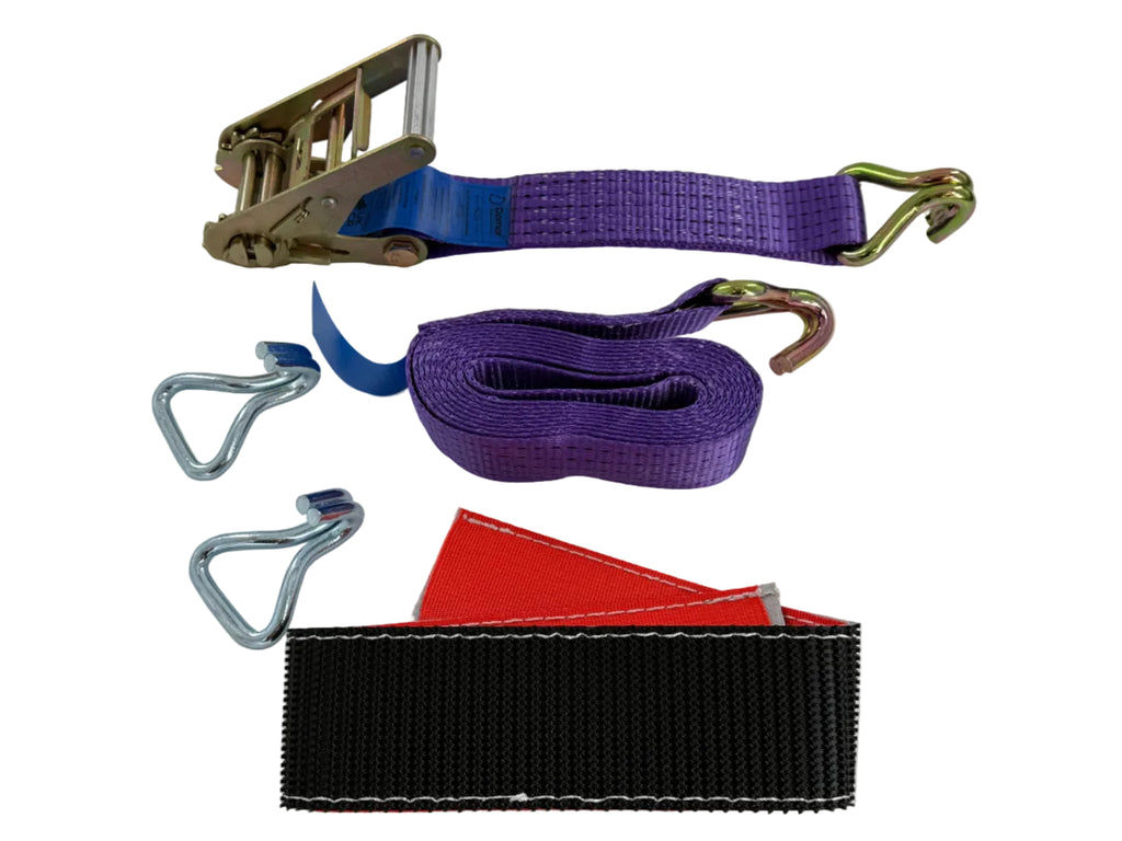 A ratchet strap kit laid out on a white surface, including a purple webbing strap, a black and red strap, two silver metal hooks, and a metal ratchet mechanism.