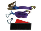 A ratchet strap kit laid out on a white surface, including a purple webbing strap, a black and red strap, two silver metal hooks, and a metal ratchet mechanism.