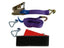 A ratchet strap kit laid out on a white surface, including a purple webbing strap, a black and red strap, two silver metal hooks, and a metal ratchet mechanism.