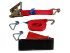 A set of heavy-duty towing straps and hardware, including a black and red webbing strap, a red webbing strap with a metal quick-release buckle, two silver metal hooks, and a blue tag, laid out on a white background.