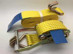 Yellow ratchet straps tie down with metal hooks and ratchet mechanism for secure cargo fastening