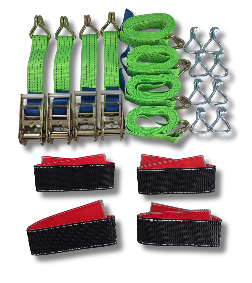 A set of green and black heavy-duty webbing straps with metal quick-release buckles, silver hanging hooks, and red-and-black wrapped straps, arranged on a white background.