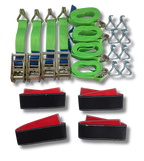 A set of green and black heavy-duty webbing straps with metal quick-release buckles, silver hanging hooks, and red-and-black wrapped straps, arranged on a white background.