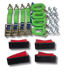 A set of green and black heavy-duty webbing straps with metal quick-release buckles, silver hanging hooks, and red-and-black wrapped straps, arranged on a white background.