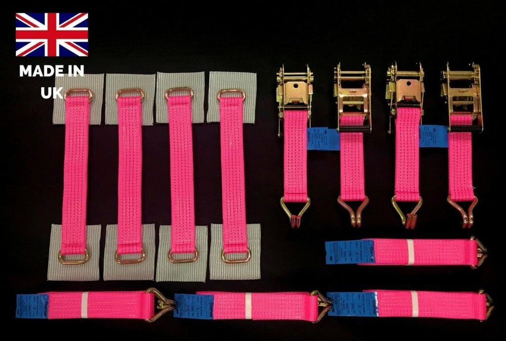 Recovery Ratchet Alloy Wheel Straps Trailer  x 4 Hi Vis PINK - Damar Webbing Solutions Ltd