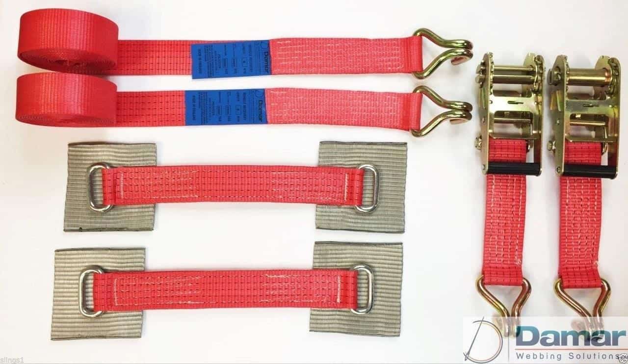 2 x 4mtr recovery alloy wheel ratchet transporter trailer straps strop red - Damar Webbing Solutions Ltd Main image