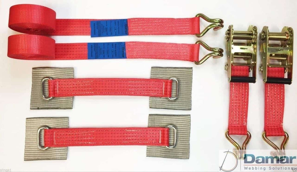 2 x 4mtr recovery alloy wheel ratchet transporter trailer straps strop red - Damar Webbing Solutions Ltd