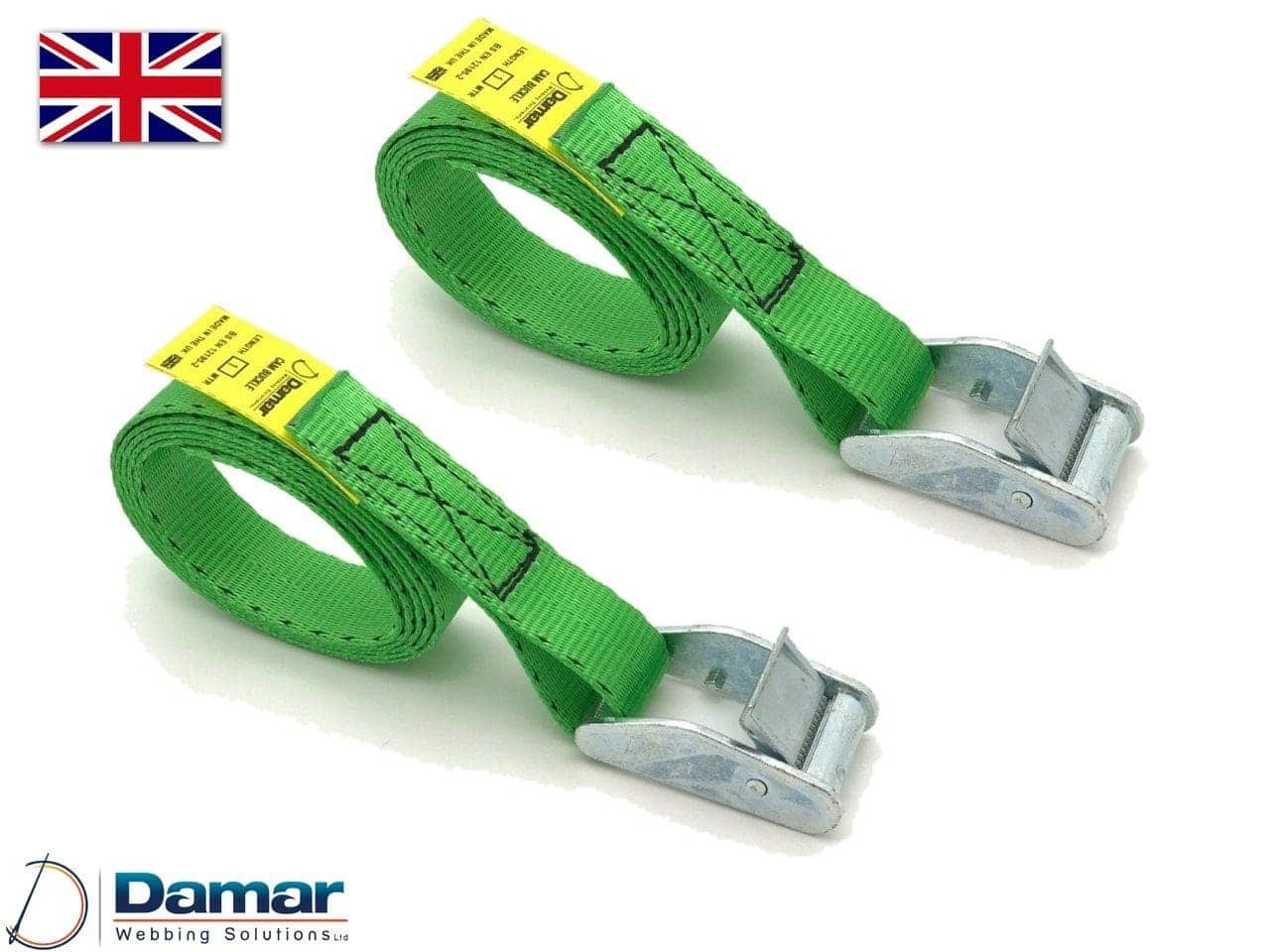 Quantity 2 - Cam buckle tie down straps 25mm wide 2mtr long GREEN - Damar Webbing Solutions Ltd Main image