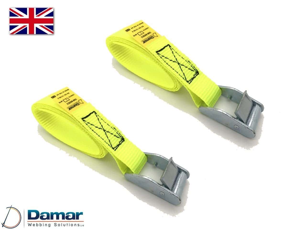 Quantity 2 - Cam buckle tie down straps 25mm wide 2mtr long HI VIS YELLOW - Damar Webbing Solutions Ltd Main image