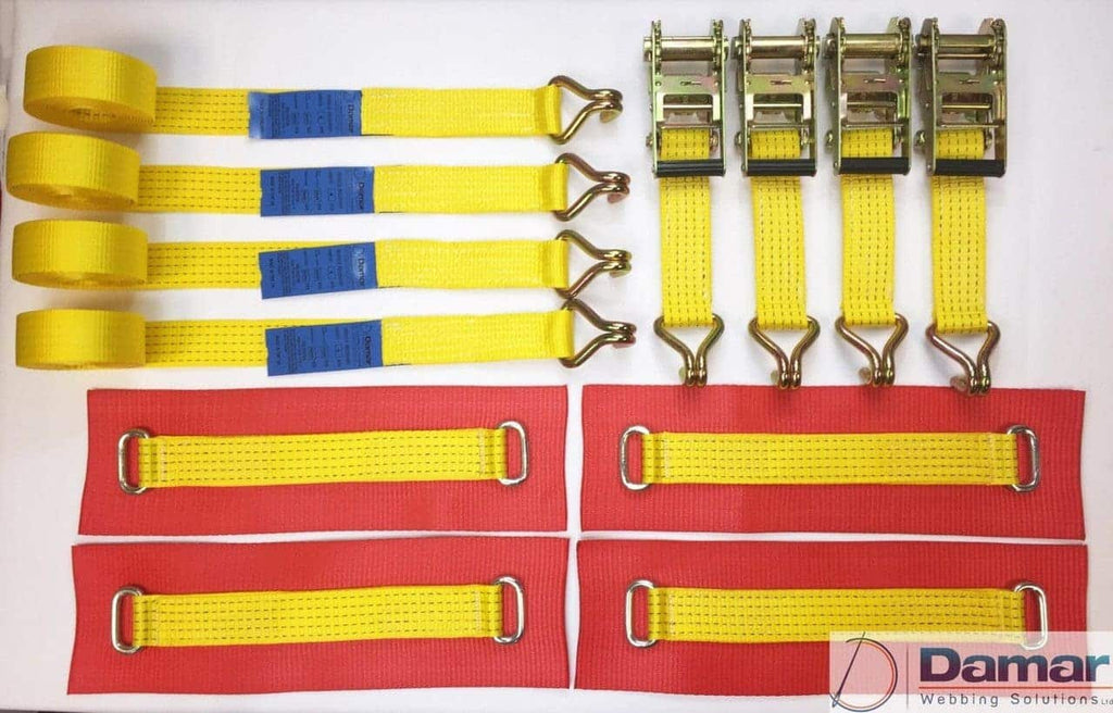 Vehicle Transporter Recovery Straps Yellow Big Pads x 4 - Damar Webbing Solutions Ltd