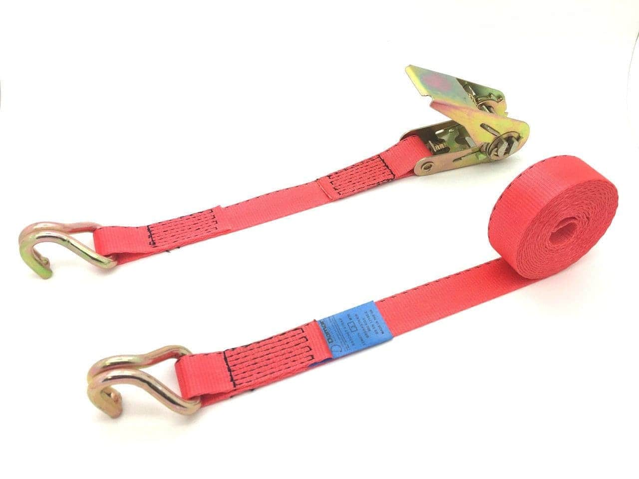 Red ratchet strap tie downs with metal hooks and durable woven straps for securing cargo Main image