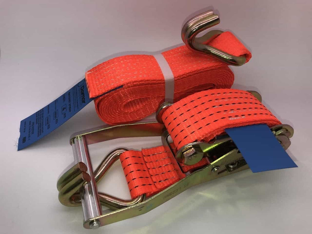 Orange ratchet straps tie down with metal hooks and ratchet mechanism for securing loads