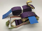 Purple ratchet straps tie down with metal hooks and ratchet mechanism for secure cargo fastening